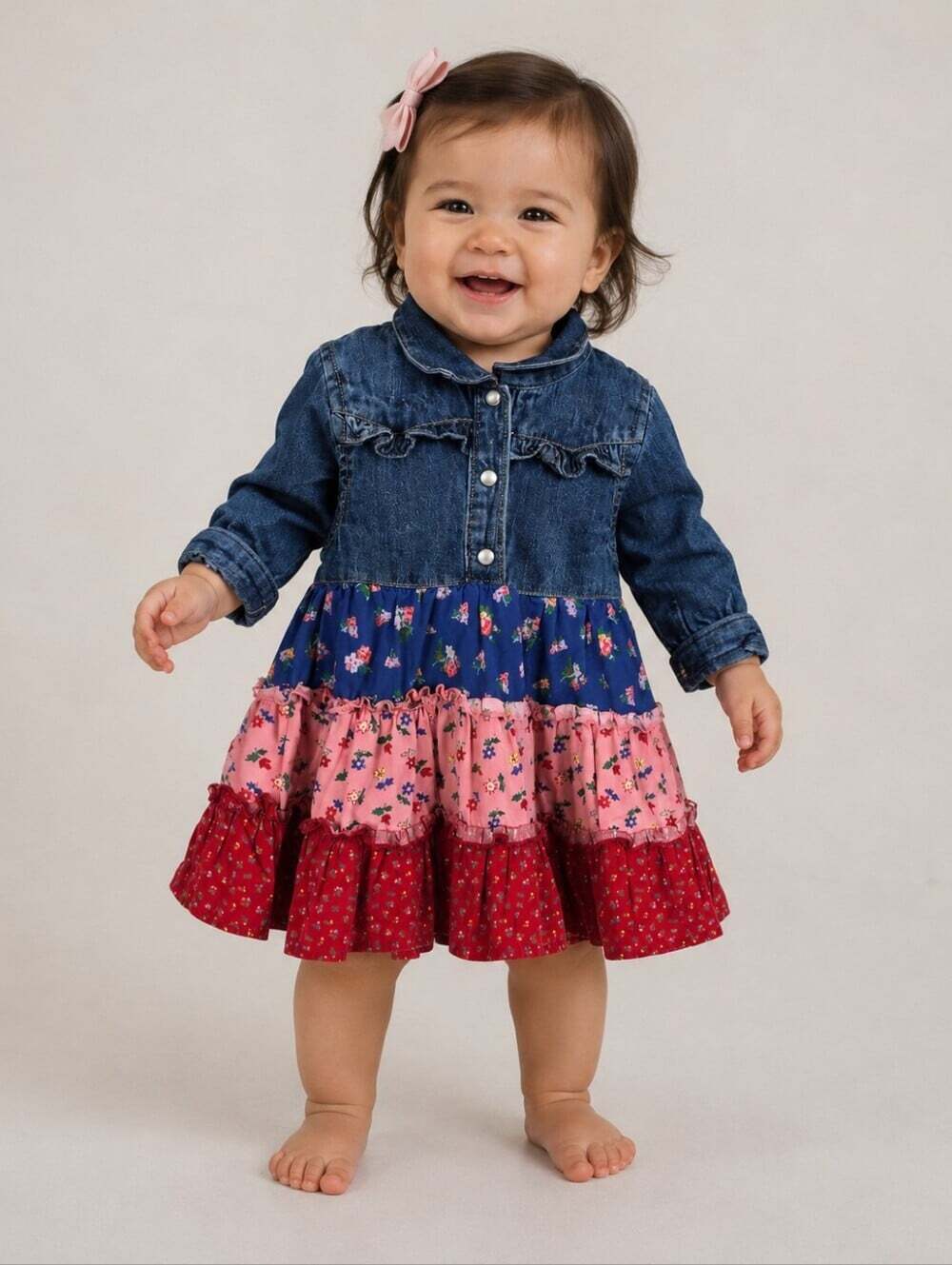 Vintage Y2K OshKosh B'gosh Denim Floral Tiered Dress Baby Girls 12 Months